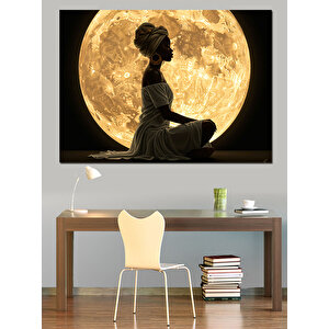Dolunay Önünde Meditasyon Kadını Dekoratif Kanvas - Mdf Ahşap Tablo 50x70 cm