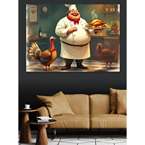 Şişman Şef Ve Tavuk Dekoratif Kanvas - Mdf Ahşap Tablo 50x70 cm