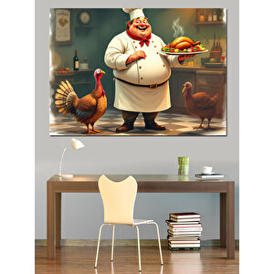 Şişman Şef Ve Tavuk Dekoratif Kanvas - Mdf Ahşap Tablo 25x35 cm