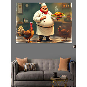 Şişman Şef Ve Tavuk Dekoratif Kanvas - Mdf Ahşap Tablo