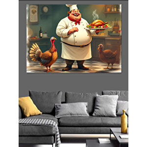 Şişman Şef Ve Tavuk Dekoratif Kanvas - Mdf Ahşap Tablo 35x50 cm