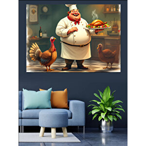 Şişman Şef Ve Tavuk Dekoratif Kanvas - Mdf Ahşap Tablo