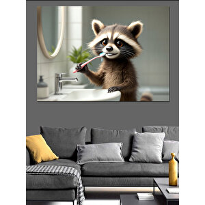Lavaboda Diş Fırçalayan Rakun Dekoratif Kanvas - Mdf Ahşap Tablo 25x35 cm