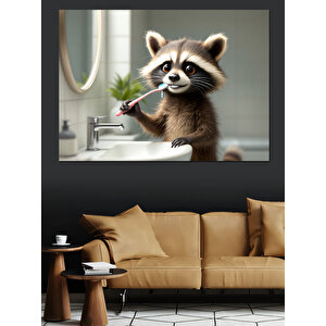 Lavaboda Diş Fırçalayan Rakun Dekoratif Kanvas - Mdf Ahşap Tablo 25x35 cm