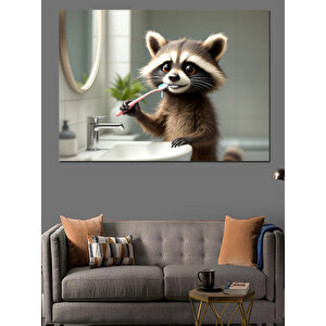 Lavaboda Diş Fırçalayan Rakun Dekoratif Kanvas - Mdf Ahşap Tablo