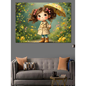 Şemsiyeli Sevimli Kız Dekoratif Kanvas - Mdf Ahşap Tablo 50x70 cm