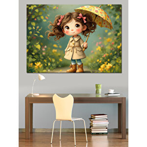Şemsiyeli Sevimli Kız Dekoratif Kanvas - Mdf Ahşap Tablo 50x70 cm