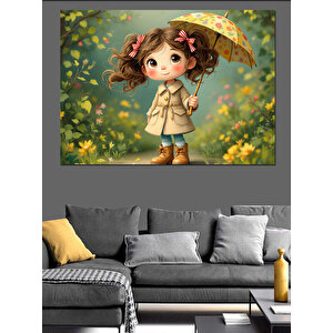 Şemsiyeli Sevimli Kız Dekoratif Kanvas - Mdf Ahşap Tablo 50x70 cm