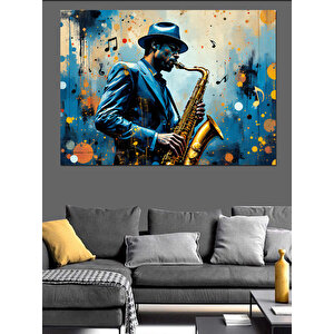 Mavi Işıkta Saksafoncu Dekoratif Kanvas - Mdf Ahşap Tablo 100x140 cm