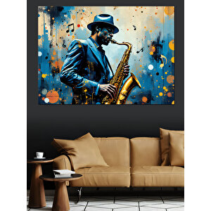 Mavi Işıkta Saksafoncu Dekoratif Kanvas - Mdf Ahşap Tablo 100x140 cm
