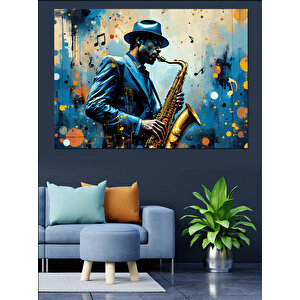 Mavi Işıkta Saksafoncu Dekoratif Kanvas - Mdf Ahşap Tablo 50x70 cm