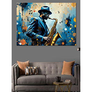 Mavi Işıkta Saksafoncu Dekoratif Kanvas - Mdf Ahşap Tablo