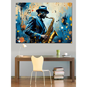 Mavi Işıkta Saksafoncu Dekoratif Kanvas - Mdf Ahşap Tablo