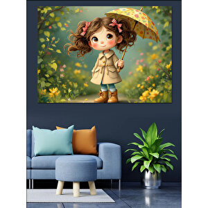 Şemsiyeli Sevimli Kız Dekoratif Kanvas - Mdf Ahşap Tablo