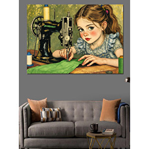 Eski Dikiş Makinesi Ve Kız Dekoratif Kanvas - Mdf Ahşap Tablo 70x100 cm