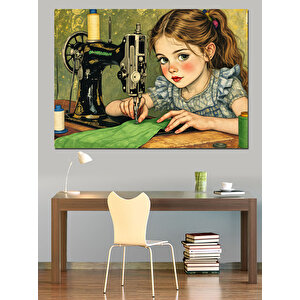 Eski Dikiş Makinesi Ve Kız Dekoratif Kanvas - Mdf Ahşap Tablo 70x100 cm
