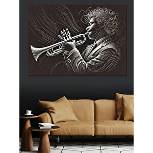 Trompet Çalan Siyah Beyaz Adam Dekoratif Kanvas - Mdf Ahşap Tablo 35x50 cm