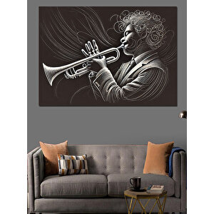 Trompet Çalan Siyah Beyaz Adam Dekoratif Kanvas - Mdf Ahşap Tablo 35x50 cm
