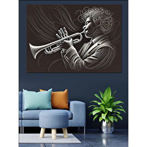 Trompet Çalan Siyah Beyaz Adam Dekoratif Kanvas - Mdf Ahşap Tablo 100x140 cm