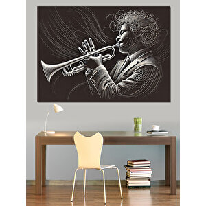 Trompet Çalan Siyah Beyaz Adam Dekoratif Kanvas - Mdf Ahşap Tablo
