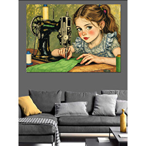 Eski Dikiş Makinesi Ve Kız Dekoratif Kanvas - Mdf Ahşap Tablo 50x70 cm