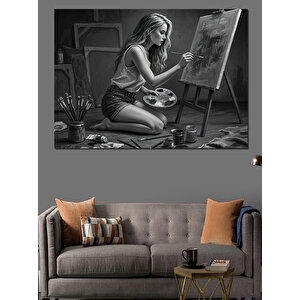 Siyah Beyaz Ressam Kadın Dekoratif Kanvas - Mdf Ahşap Tablo 100x140 cm