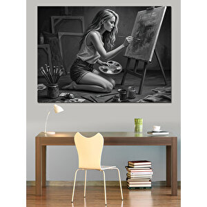 Siyah Beyaz Ressam Kadın Dekoratif Kanvas - Mdf Ahşap Tablo 100x140 cm