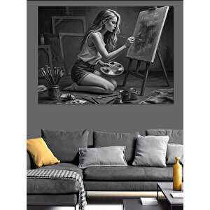 Siyah Beyaz Ressam Kadın Dekoratif Kanvas - Mdf Ahşap Tablo 100x140 cm