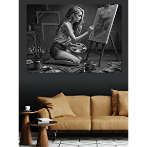 Siyah Beyaz Ressam Kadın Dekoratif Kanvas - Mdf Ahşap Tablo