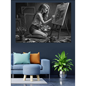 Siyah Beyaz Ressam Kadın Dekoratif Kanvas - Mdf Ahşap Tablo