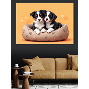 Yatakta Yatan Sevimli Yavrular Dekoratif Kanvas - Mdf Ahşap Tablo 25x35 cm
