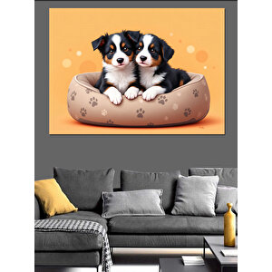 Yatakta Yatan Sevimli Yavrular Dekoratif Kanvas - Mdf Ahşap Tablo 70x100 cm