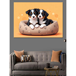 Yatakta Yatan Sevimli Yavrular Dekoratif Kanvas - Mdf Ahşap Tablo