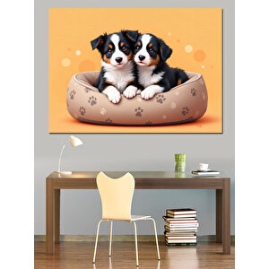 Yatakta Yatan Sevimli Yavrular Dekoratif Kanvas - Mdf Ahşap Tablo