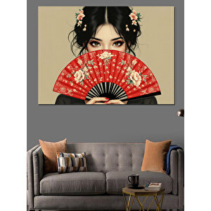 Yelpazeli Asyalı Kadın Portresi Dekoratif Kanvas - Mdf Ahşap Tablo 25x35 cm