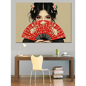 Yelpazeli Asyalı Kadın Portresi Dekoratif Kanvas - Mdf Ahşap Tablo 25x35 cm