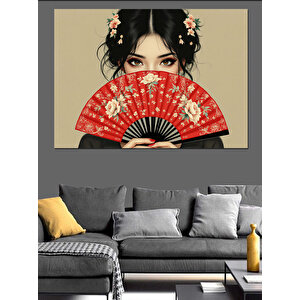 Yelpazeli Asyalı Kadın Portresi Dekoratif Kanvas - Mdf Ahşap Tablo 25x35 cm