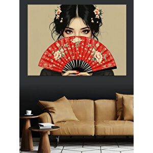 Yelpazeli Asyalı Kadın Portresi Dekoratif Kanvas - Mdf Ahşap Tablo
