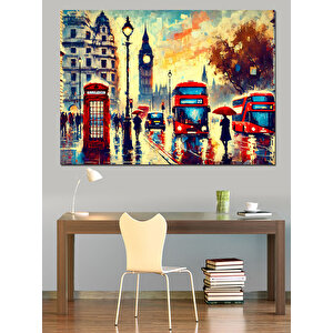 Londra Yağmurlu Trafik Dekoratif Kanvas - Mdf Ahşap Tablo 35x50 cm