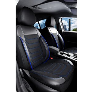 Opel Astra G Hatchback Uyumlu Yarı Deri Oto Koltuk Kılıfı Ön Arka Takım Carbon Serisi Siyah Mavi