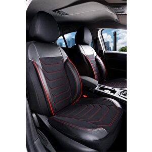 Ford Focus Station Wagon Uyumlu Yarı Deri Oto Koltuk Kılıfı Ön Arka Takım Carbon Serisi Siyah Kırmızı