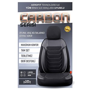 Peugeot 207 Uyumlu Yarı Deri Oto Koltuk Kılıfı Ön Arka Takım Carbon Serisi Siyah Beyaz