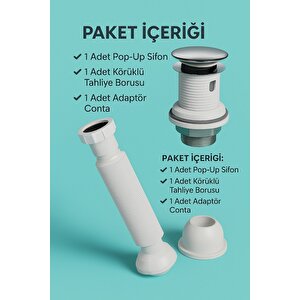 Pop-up Lavabo Sifon Seti – Taşmalı Uyumlu, Körüklü Tahliye Ve Adaptör Conta Dahil