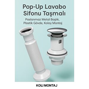Pop-up Lavabo Sifon Seti – Taşmalı Uyumlu, Körüklü Tahliye Ve Adaptör Conta Dahil
