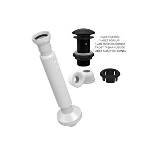 Mat Siyah Pop-up Lavabo Gider Seti | Porselen Başlık + Körüklü Boru + Taşma Yüzüğü + Adaptör Conta