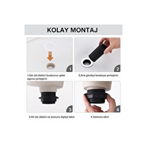 Mat Siyah Pop-up Lavabo Gider Seti | Porselen Başlık + Körüklü Boru + Taşma Yüzüğü + Adaptör Conta