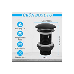 Mat Siyah Pop-up Lavabo Gider Seti | Porselen Başlık + Körüklü Boru + Taşma Yüzüğü + Adaptör Conta