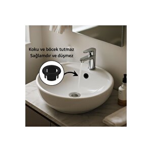 Mat Siyah Pop-up Lavabo Gider Seti | Porselen Başlık + Körüklü Boru + Taşma Yüzüğü + Adaptör Conta