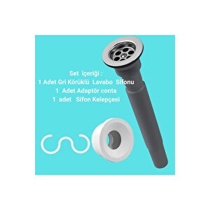 Gri Körüklü Lavabo Sifon Seti | Adaptör Conta + Sifon Kelepçesi Dahil 3’lü Takım