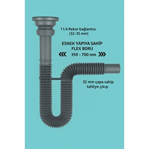Gri Körüklü Lavabo Sifon Seti | Adaptör Conta + Sifon Kelepçesi Dahil 3’lü Takım